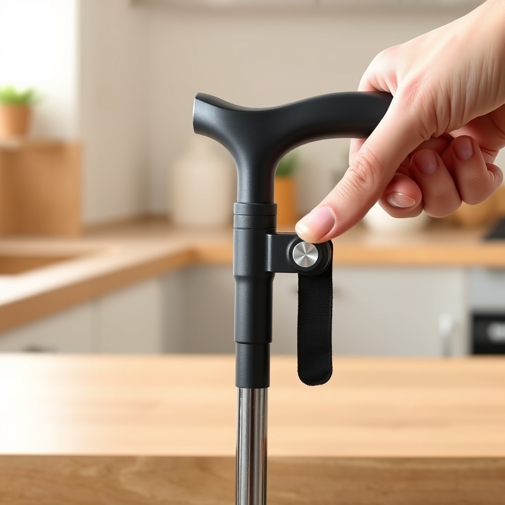 A clean close-up photorealistic photo of a hand pressing a silver button on a black alumin