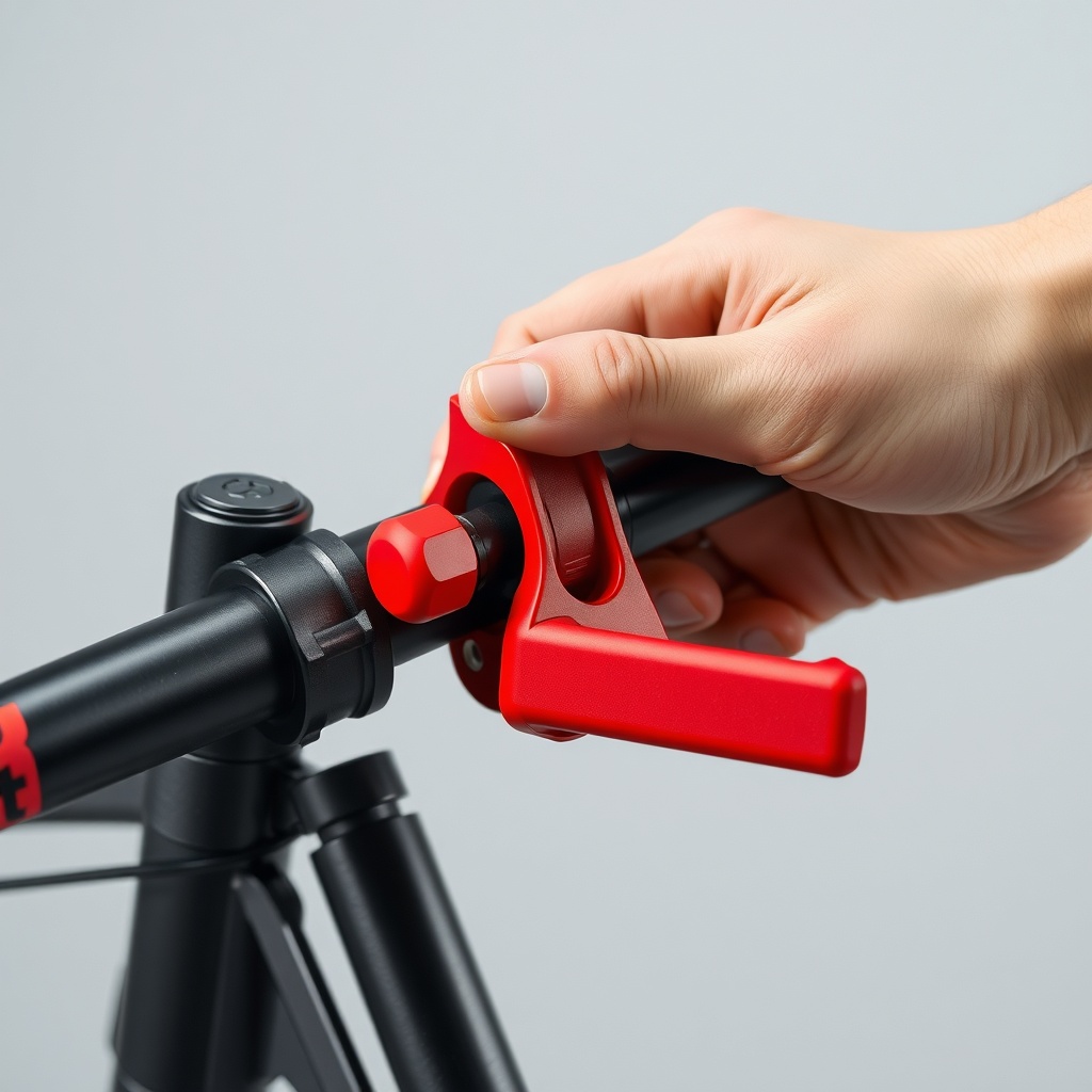 <photorealistic close-up of the red lever and folding joint on the Bort Mobil Vital frame