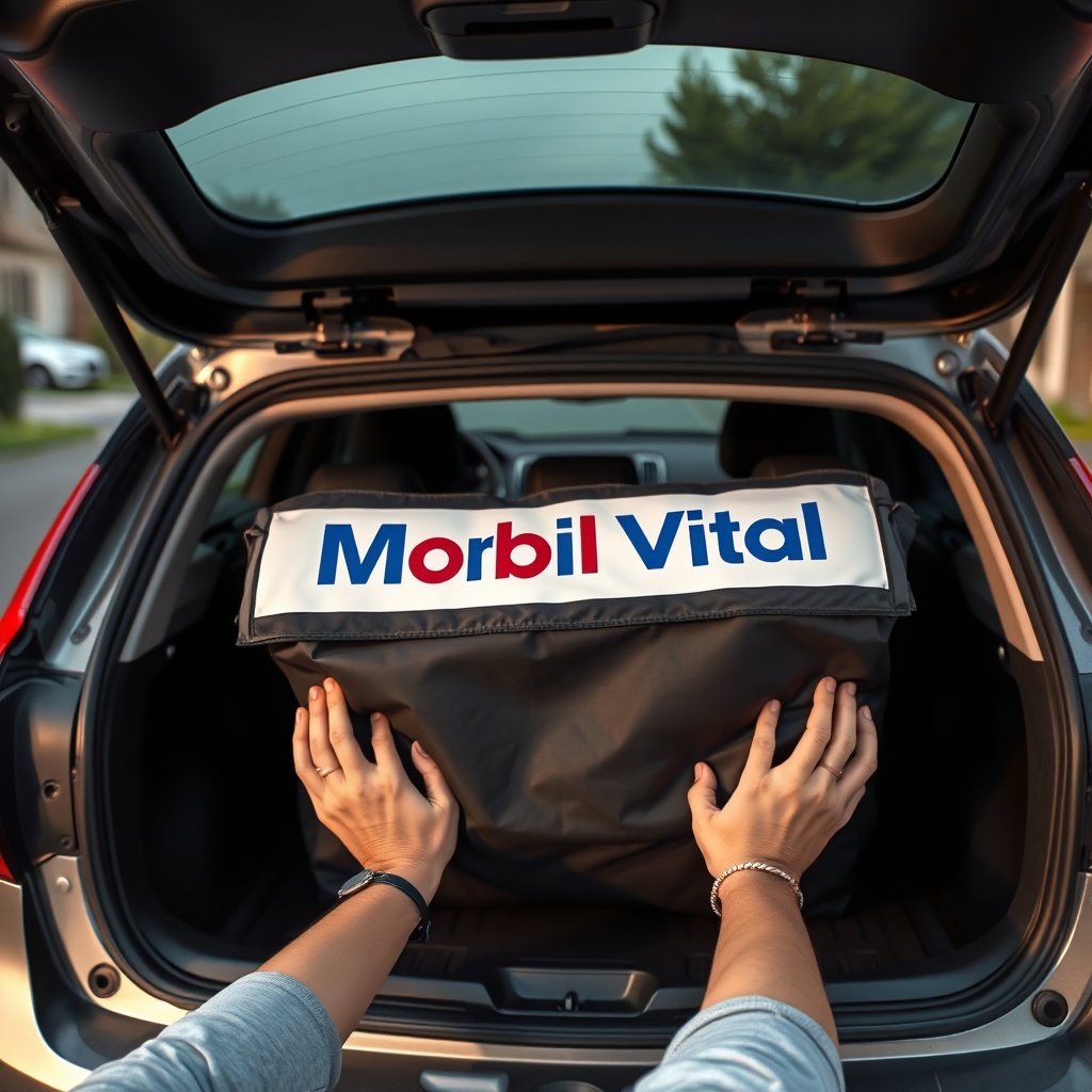 <photorealistic photo of a folded Bort Mobil Vital being placed in a car trunk with a pers