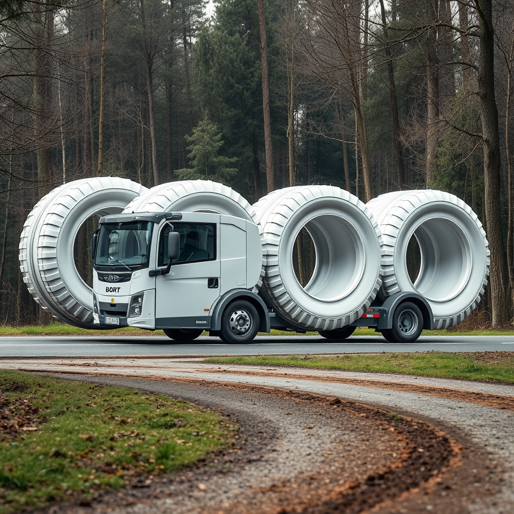 Die vier großen Luftreifen des Bort Mobil Vital auf einem Schotterweg mit bewaldetem Hinte