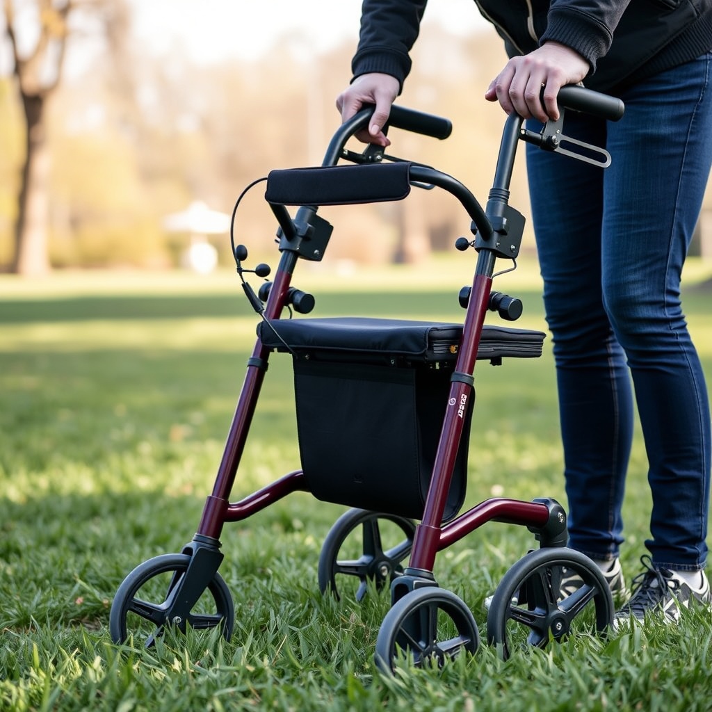 <clean photorealistic photo of a person folding a Bort Mobil Vital Rollator in a park sett