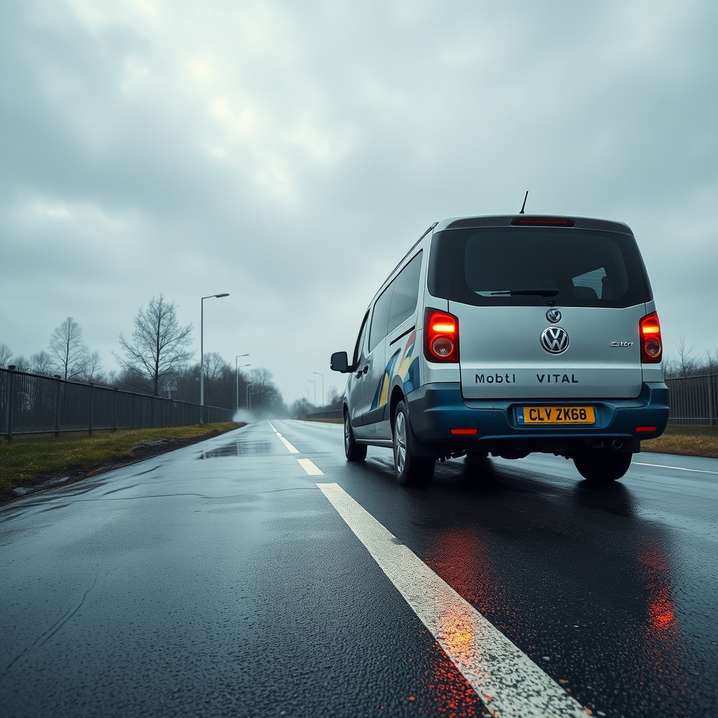 <Weitwinkelaufnahme des Bort Mobil Vital auf einem nassen Asphaltweg