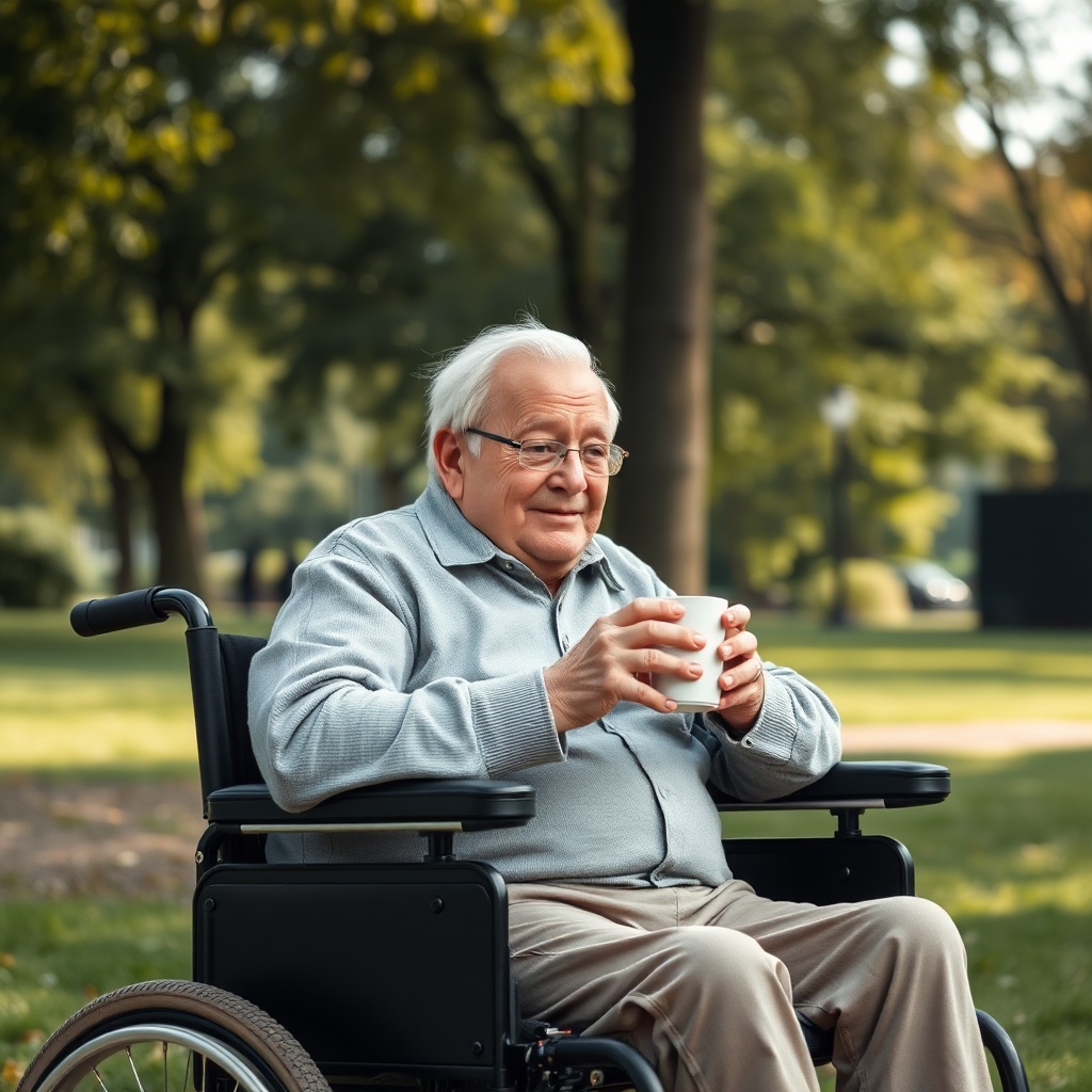 Ein älterer Mensch sitzt auf einem Rollatorsitz im Park