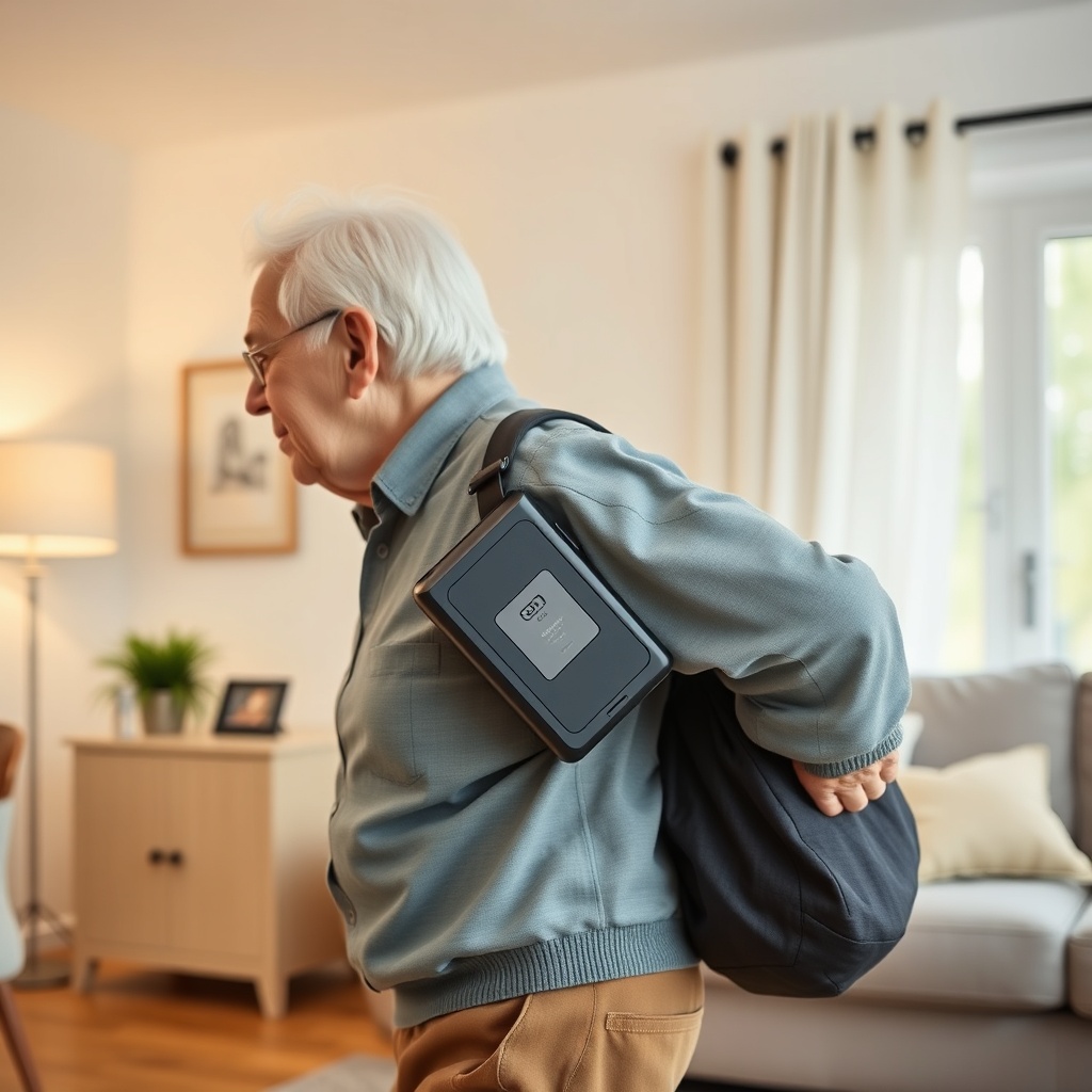 <a clean photorealistic photo of an elderly person easily carrying the removable battery o
