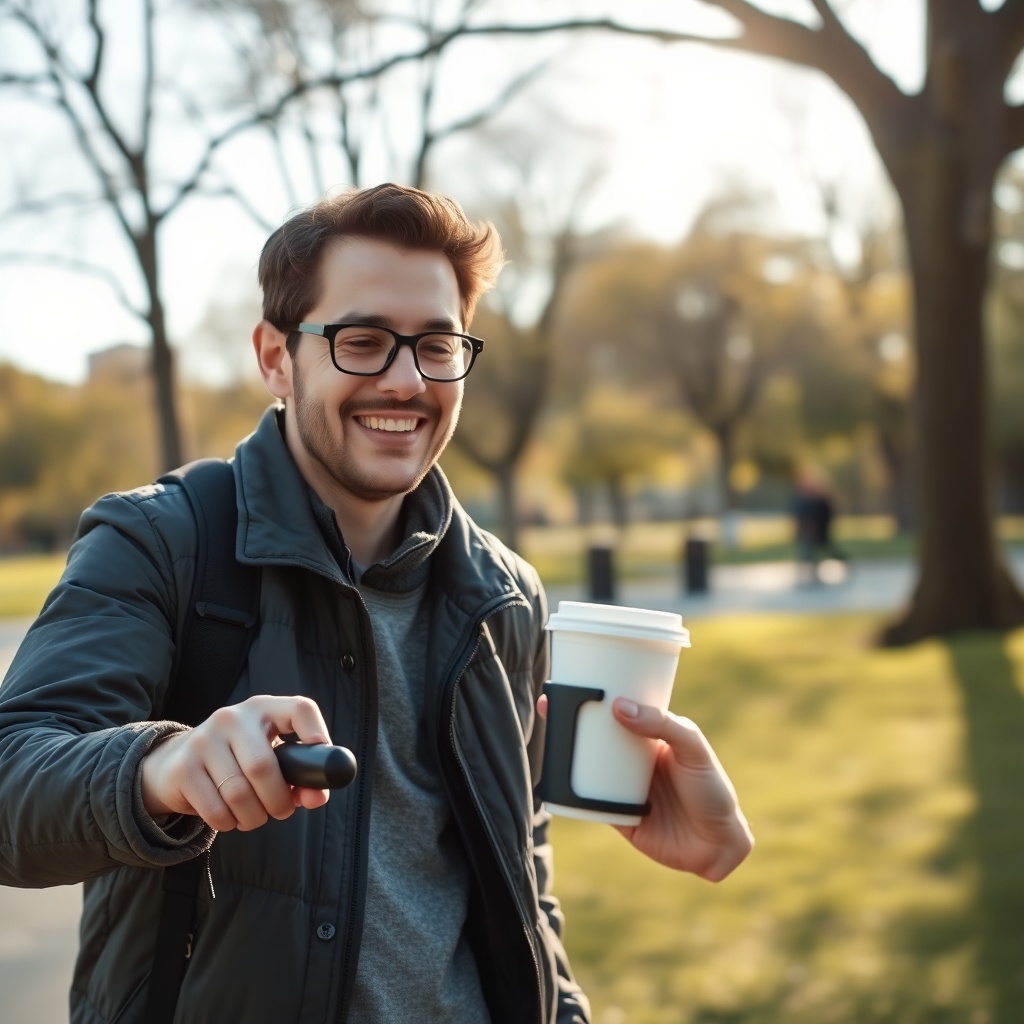 <a clean photorealistic photo of a smiling person in a park