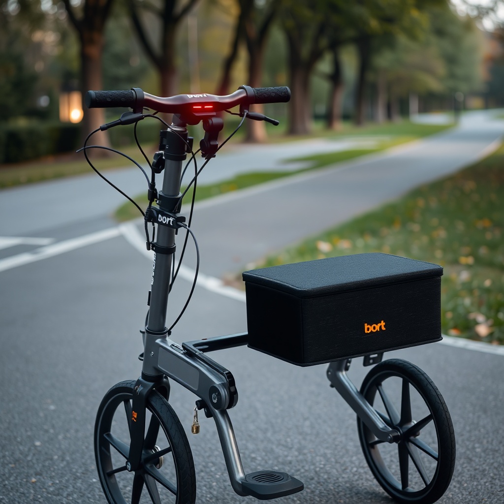 Eine Nahaufnahme eines Bort Mobil Vital Rollators mit montiertem Stockhalter
