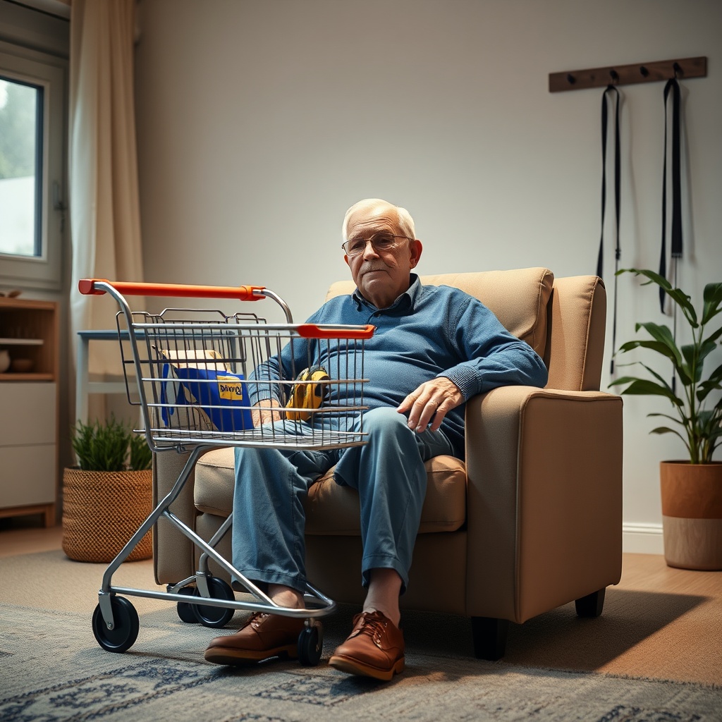 Ein älterer Mensch sitzt bequem auf dem Bort Mobil Vital