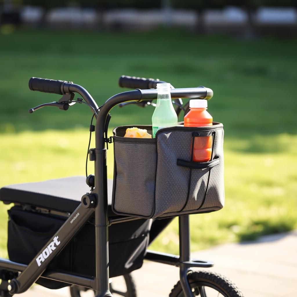 Ein Bort Mobil Vital Rollator mit montierter Einkaufstasche und Getränkehalter im Freien b
