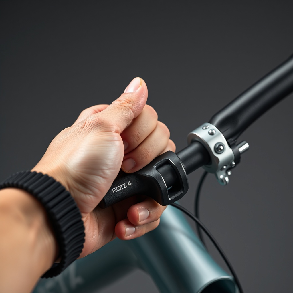 Photorealistic photo of a Raz Design Jet 4 brake lever being depressed by a hand