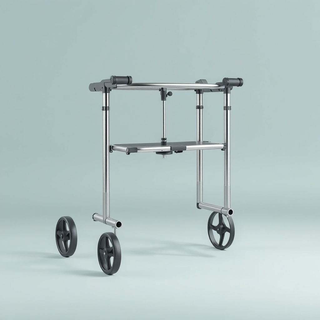Fotorealistische Darstellung eines Rollators im halbgeklappten Zustand