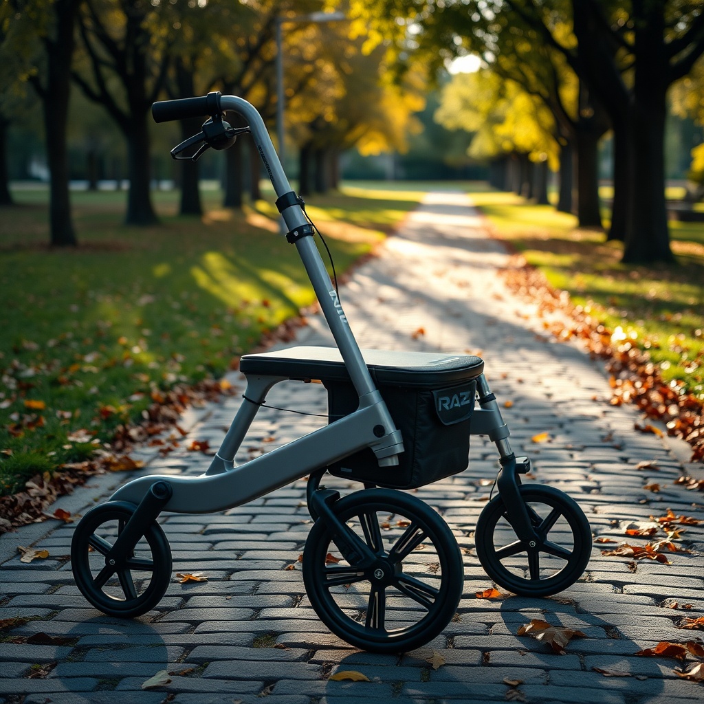 A close-up photo of a light gray Raz Design Jet 4 rollator parked on a cobblestone path in