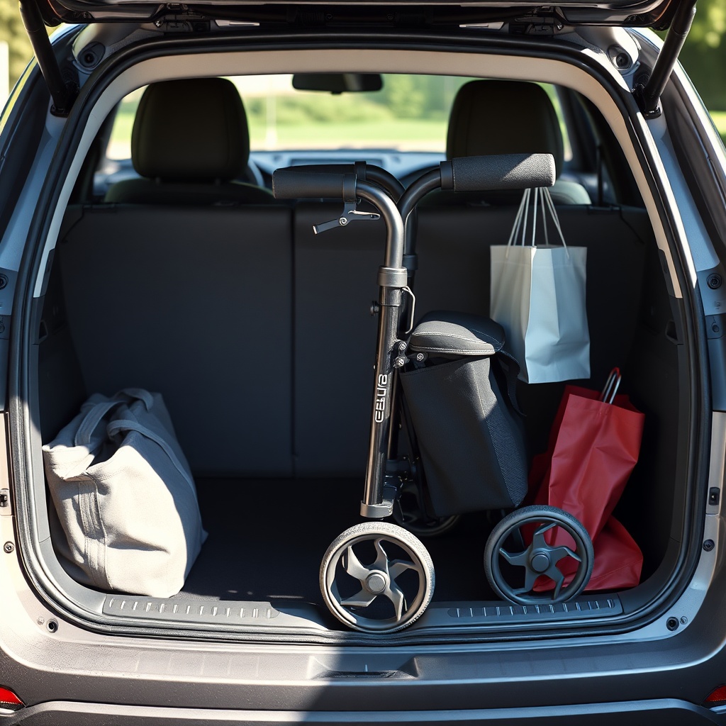 A photorealistic image showing a Raz Design Jet 4 rollator folded and placed in a car trun