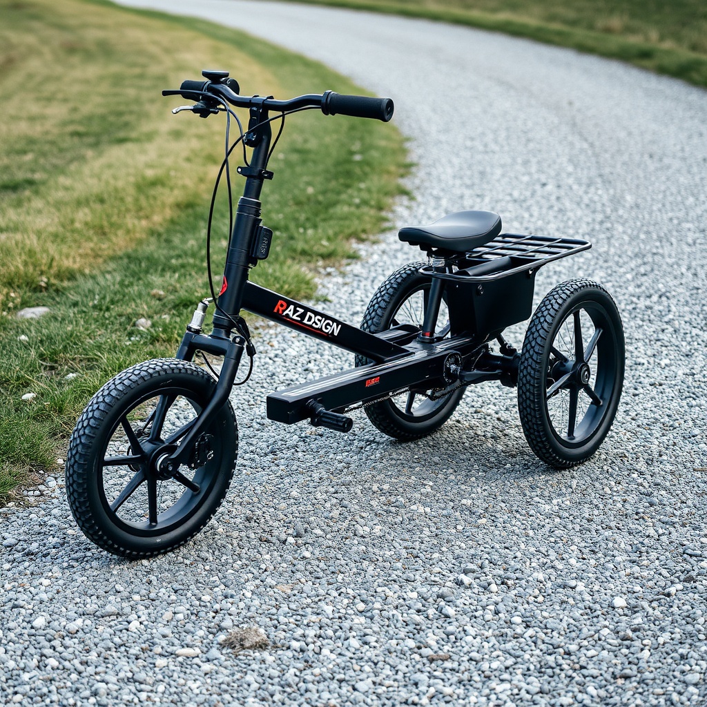 <clean photorealistic photo of Raz Design Jet 4 on a gravel path