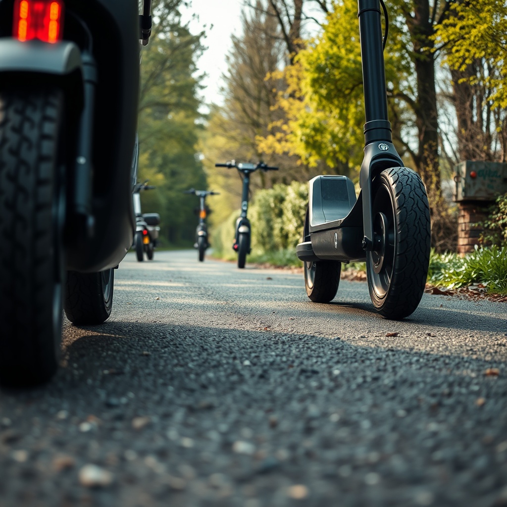 Hochdetaillierte Szene eines E-Scooters auf einem Schotterweg mit tiefen Reifenspuren