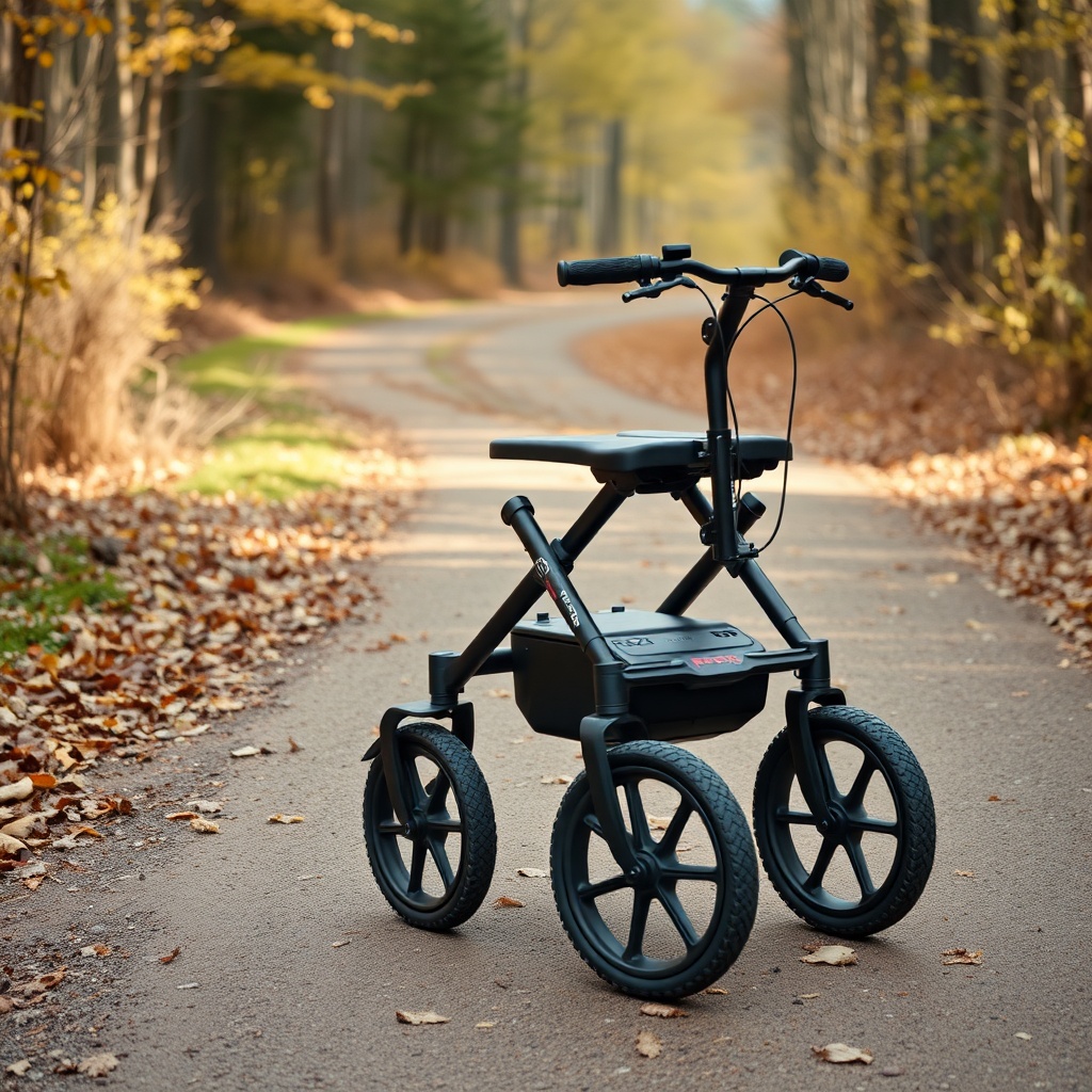 Ein Raz Design Jet 4 Rollator auf einem unbefestigten Waldweg mit sichtbaren Reifenabdrück