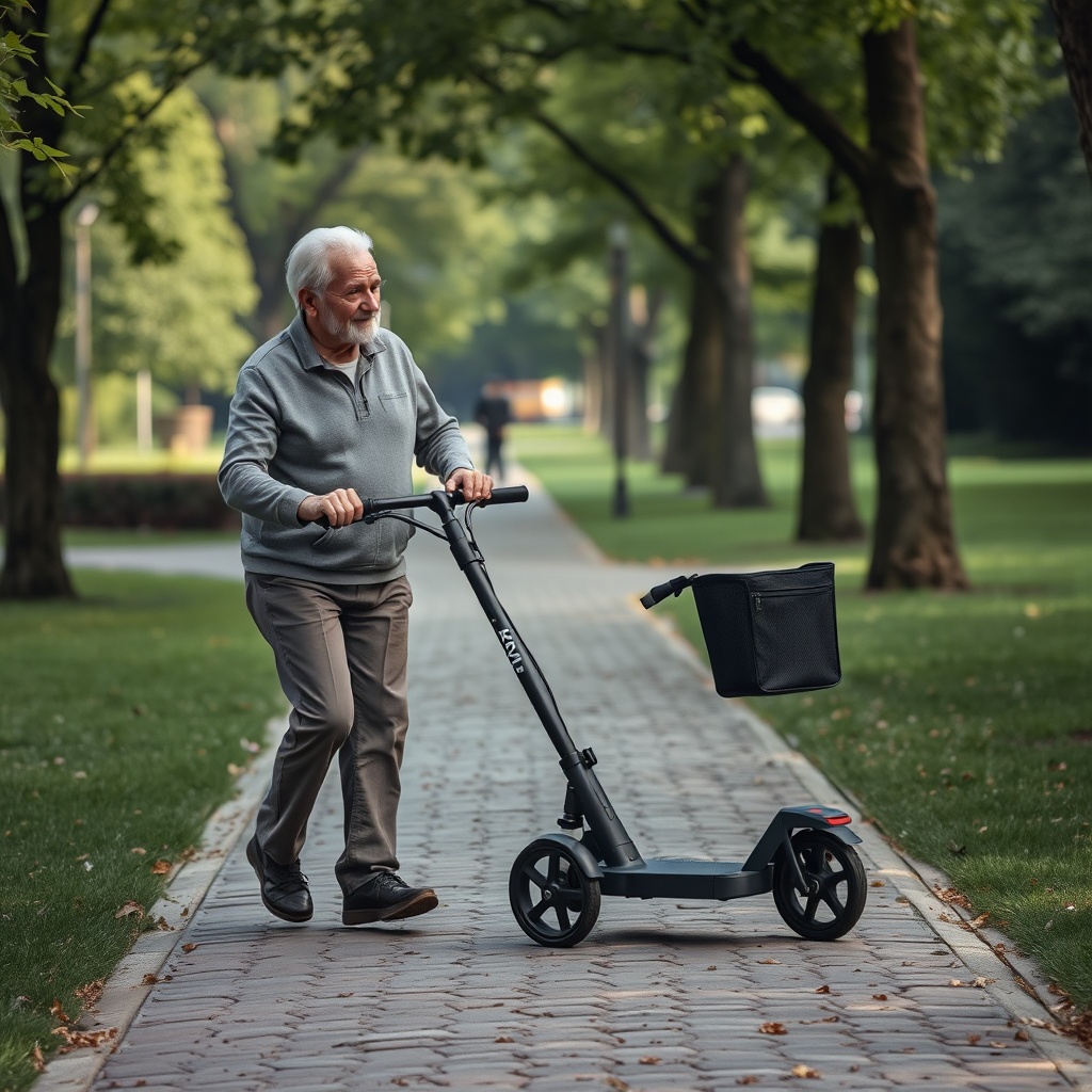 <clean photorealistic photo of a senior pushing the Raz Design Jet 4 on a cobblestone path