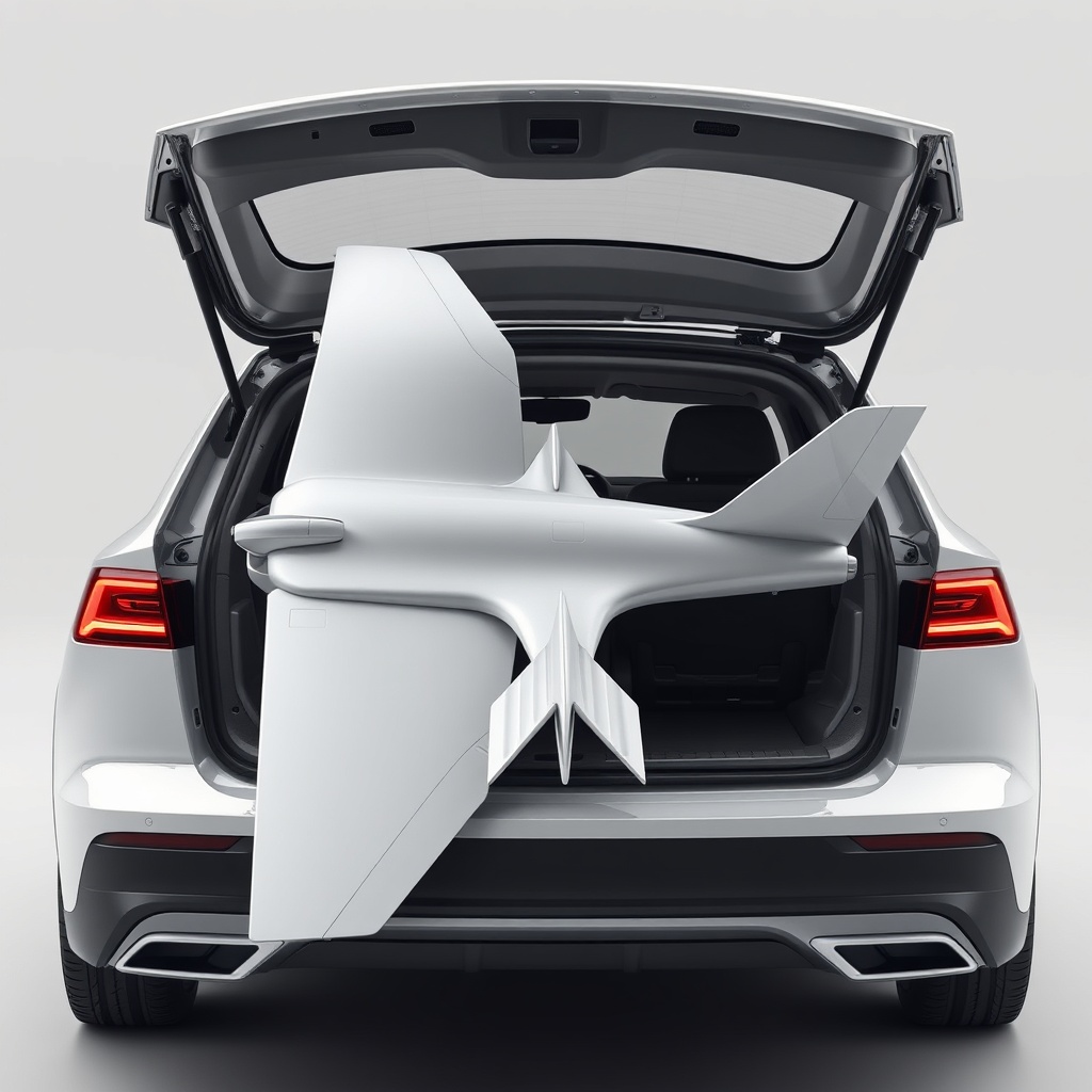 <clean photorealistic photo of the Raz Design Jet 4 folded and placed in the trunk of a ca