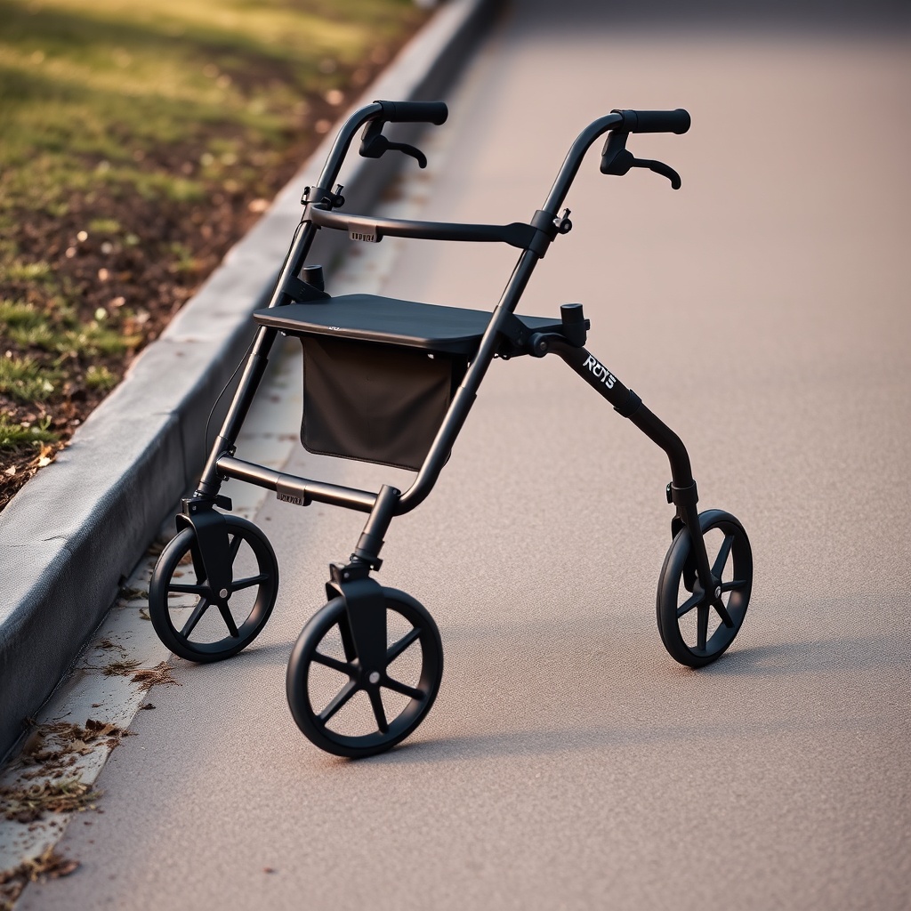 A clean photorealistic photo of a Raz Design Jet 4 Rollator on a slightly inclined path wi