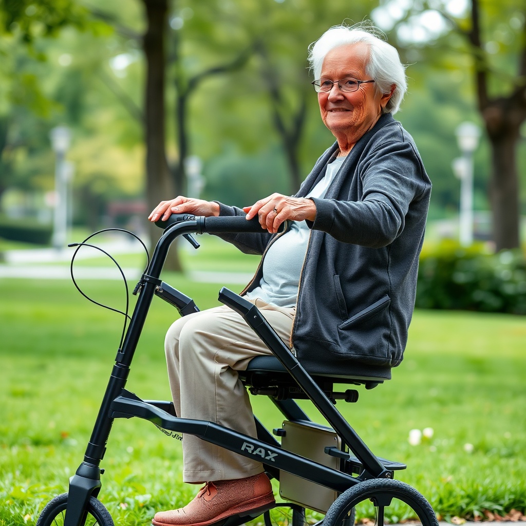 A photorealistic photo of an elderly person sitting safely on a Raz Design Jet 4 Rollator