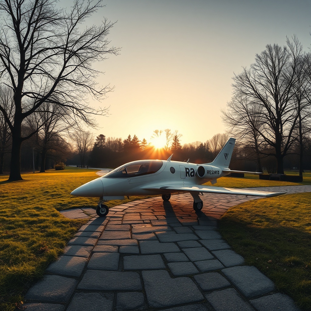 Panoramabild eines Raz Design Jet 4 auf einem Kopfsteinpflasterweg