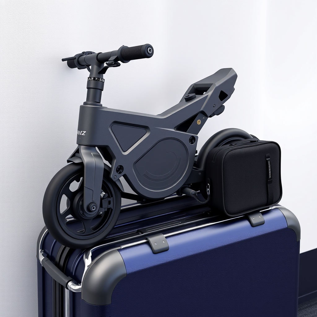 <a clean photorealistic photo of a Raz Design Jet 4 folded with a travel bag and spare bat